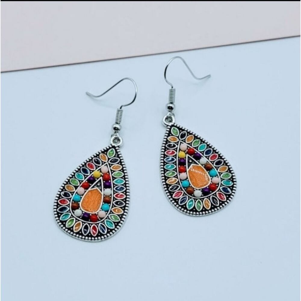 Colorful boho festival statement drop earrings orange